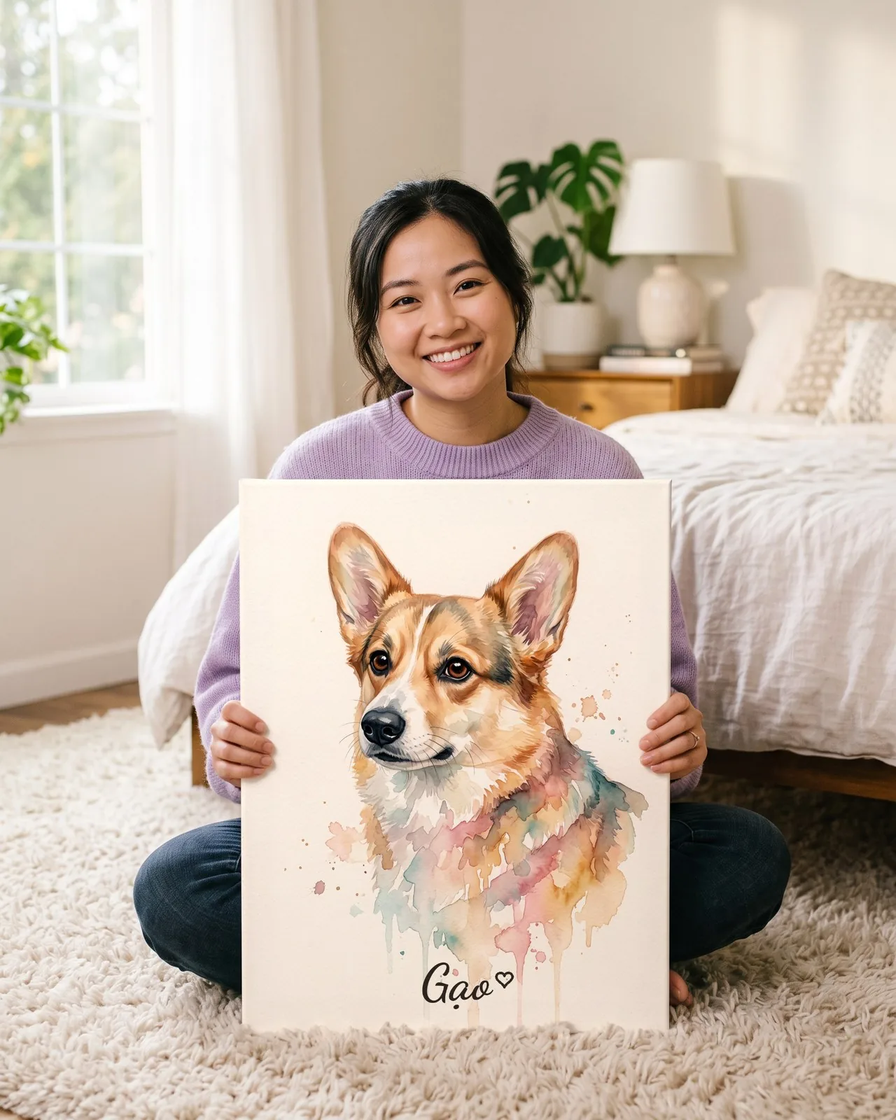 Tranh màu nước nhẹ nhàng · Corgi · Ảnh thực tế