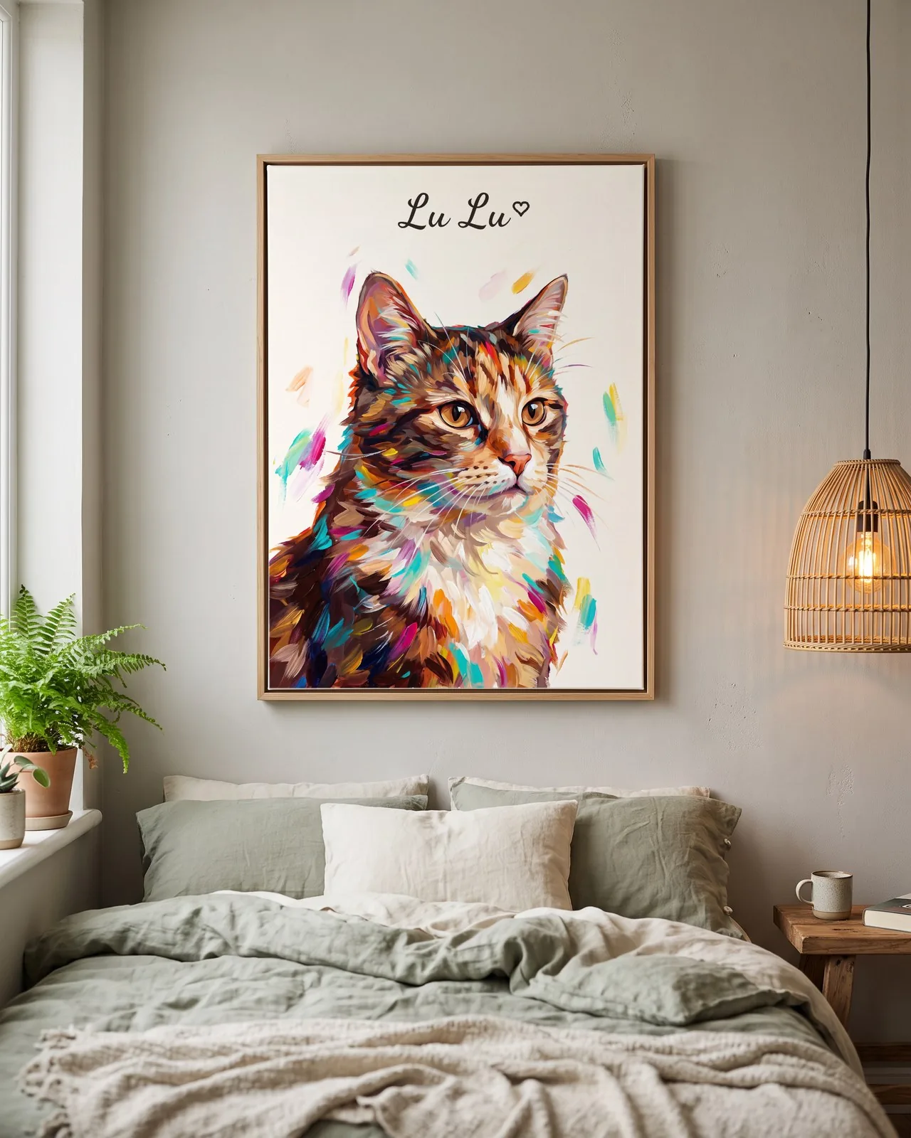 Tranh acrylic hiện đại · mèo tam thể · Ảnh thực tế