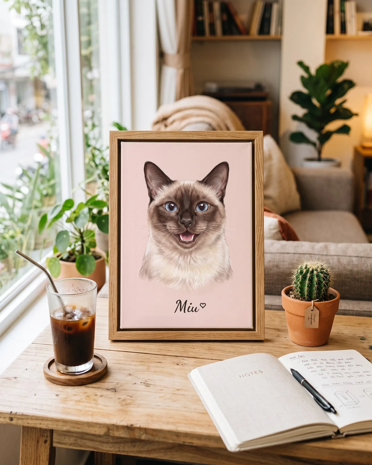 Tranh pastel mềm mại · mèo Xiêm · Ảnh thực tế