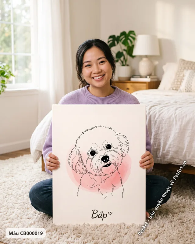 Bichon phác họa nét tối giản nền hồng · ảnh thực tế