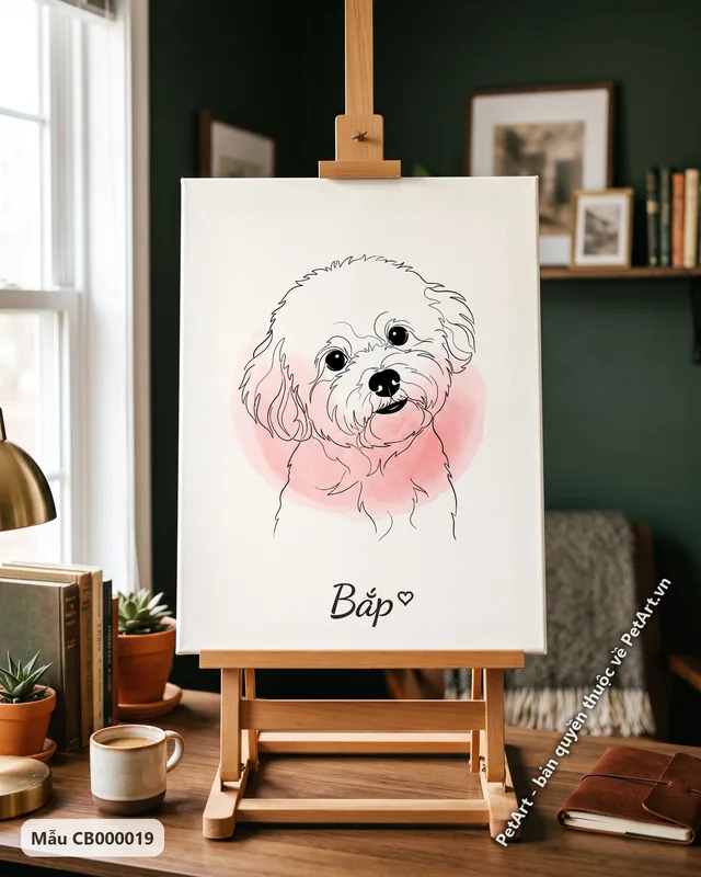 Bichon phác họa nét tối giản nền hồng · góc khác