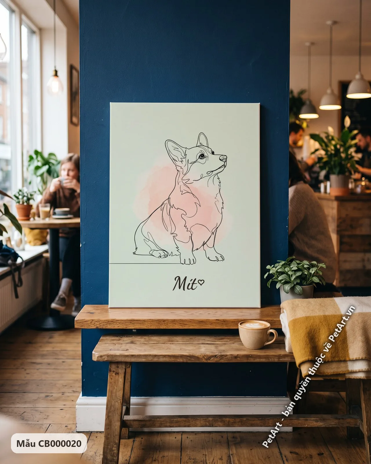 Ảnh thực tế: Chú chó Corgi ngồi nghiêng, phác họa nét đen tối giản trên nền màu hồng nhạt.