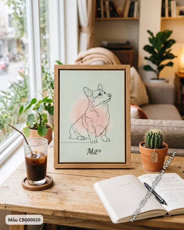 Corgi phác họa nét tối giản nền hồng · ảnh thực tế