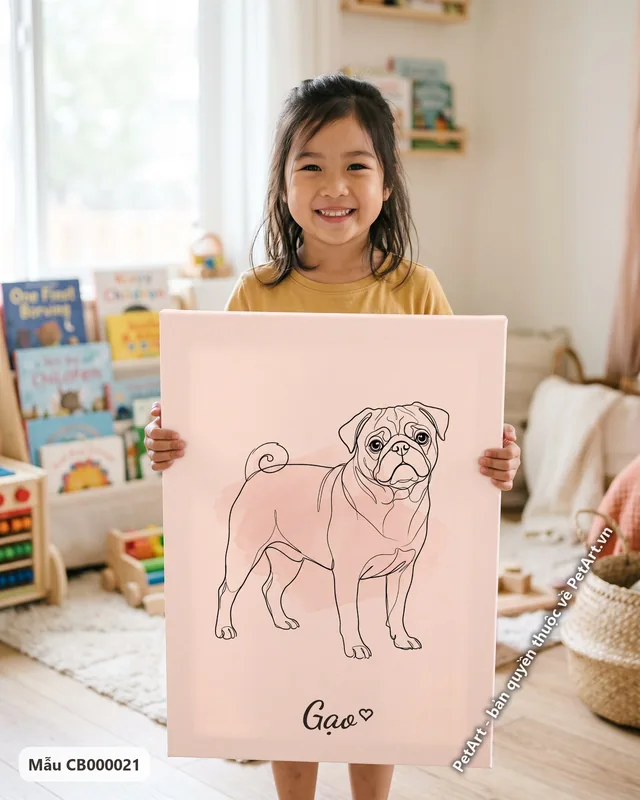 Pug phác họa nét tối giản nền hồng · ảnh thực tế