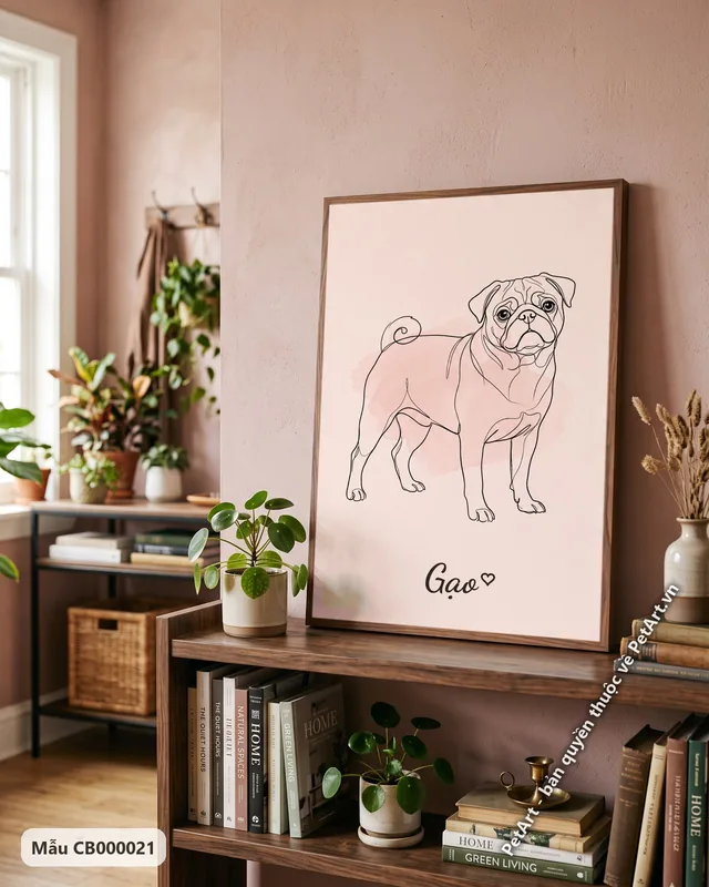 Pug phác họa nét tối giản nền hồng · góc khác
