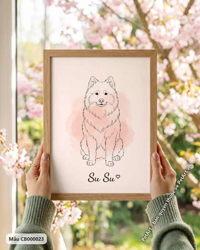 Phác họa nét tối giản chó Samoyed ngồi nền hồng · ảnh thực tế