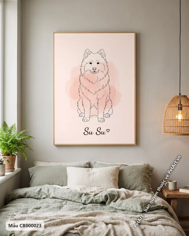 Phác họa nét tối giản chó Samoyed ngồi nền hồng · góc khác