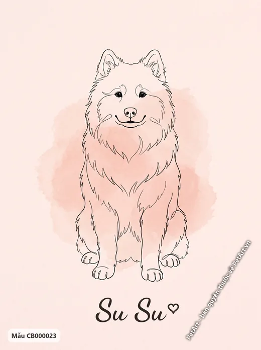 Phác họa nét tối giản chó Samoyed ngồi nền hồng · ảnh tranh