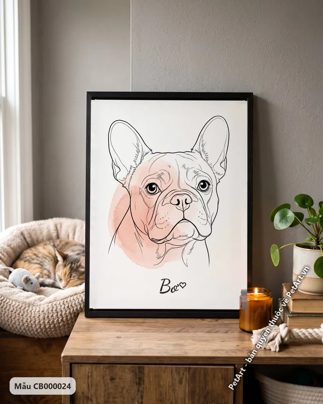 Phác họa nét tối giản chó Bull Pháp nền hồng · ảnh thực tế