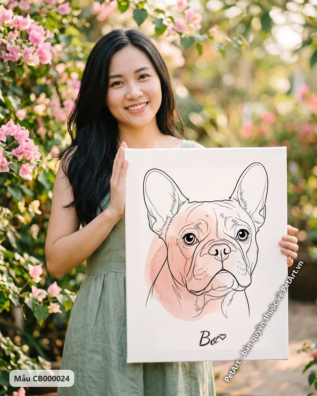 Phác họa nét tối giản chó Bull Pháp nền hồng · góc khác