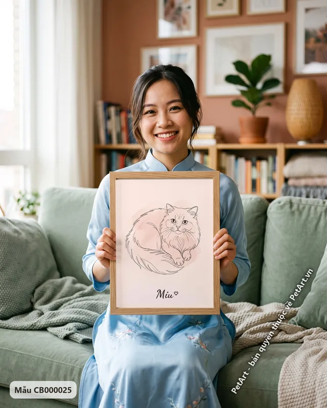 Mèo Ba Tư phác họa tối giản, nền hồng · ảnh thực tế
