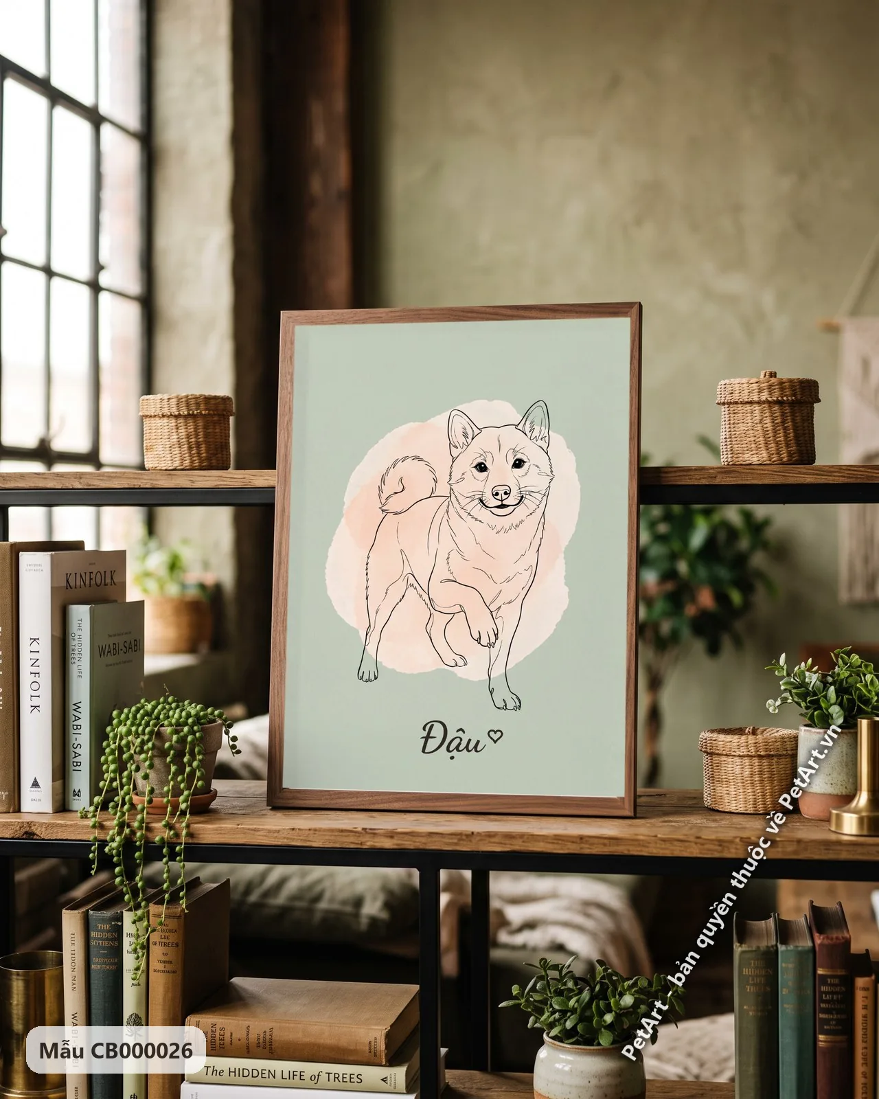 Ảnh thực tế: Bản phác họa đường nét tối giản của một chú chó Shiba đứng, chân trước nhấc nhẹ, trên nền màu xanh lá cây nhạt.