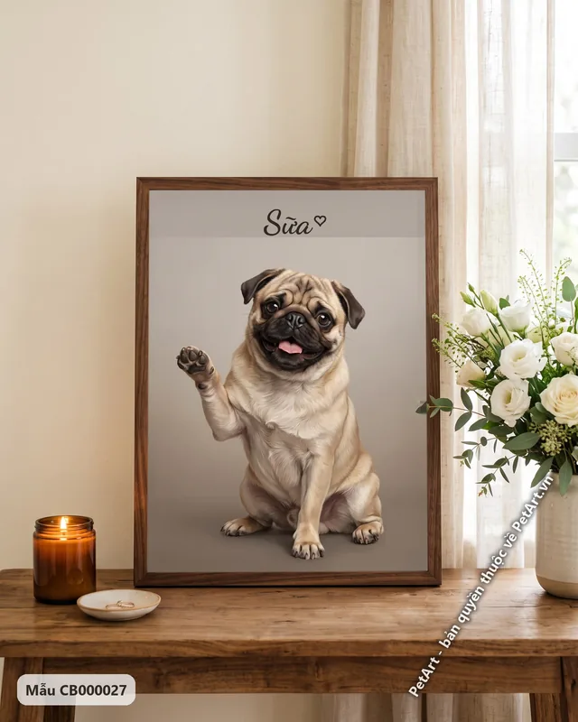 Chó Pug màu vàng vẫy tay, chân thực · góc khác