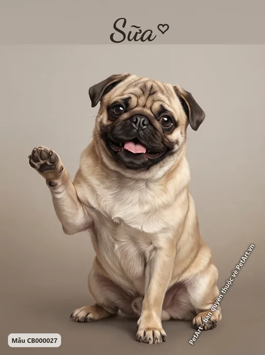 Chó Pug màu vàng vẫy tay, chân thực · ảnh tranh