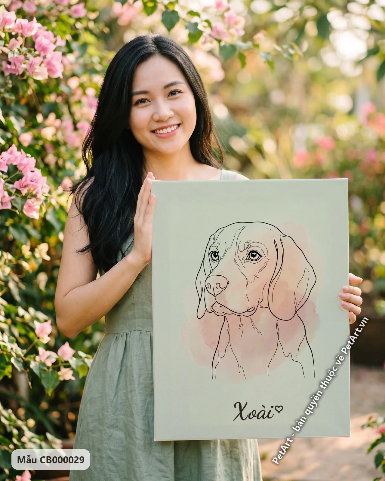 Ảnh thực tế: Bức phác họa tối giản đầu chó Beagle với những đường nét thanh mảnh, trên nền xanh nhạt điểm vệt hồng.