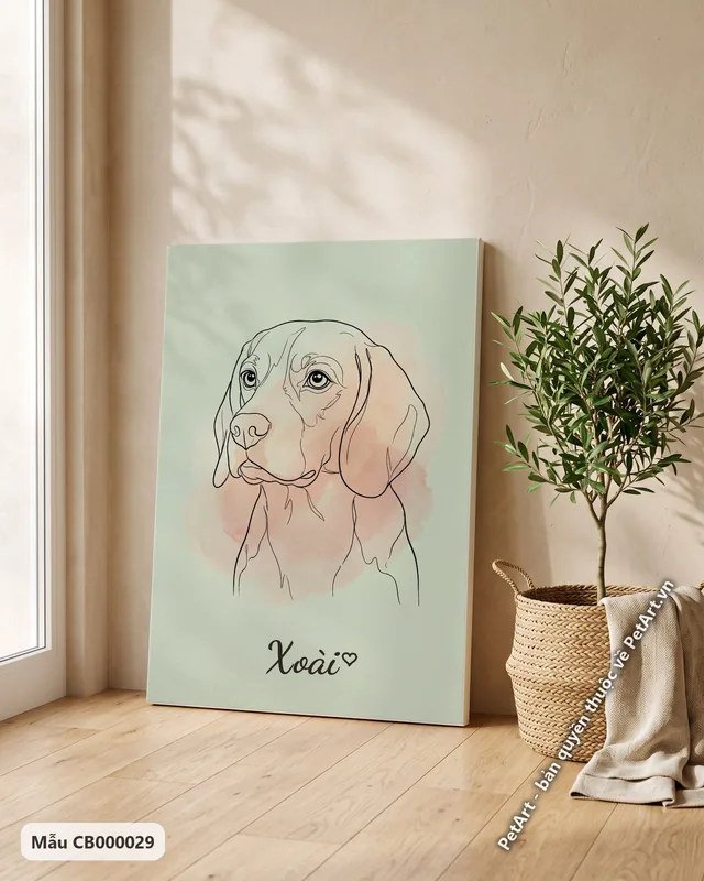 Phác họa nét tối giản chó Beagle, nền xanh hồng · góc khác