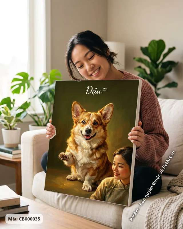 Chó Corgi tươi cười, tranh sơn dầu cổ điển · ảnh thực tế
