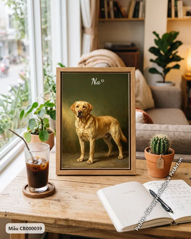 Chó Labrador vàng đứng, tranh sơn dầu cổ điển · góc khác