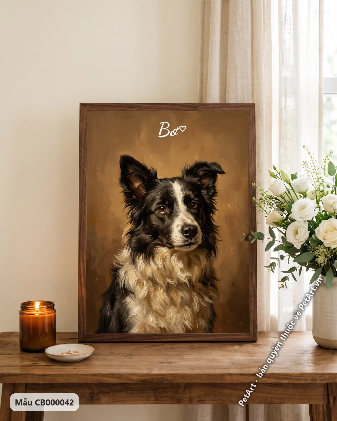 Ảnh thực tế: Tranh sơn dầu cổ điển chân dung chú chó Border Collie đen trắng, đôi tai dựng, nhìn nghiêng trên nền nâu ấm áp.