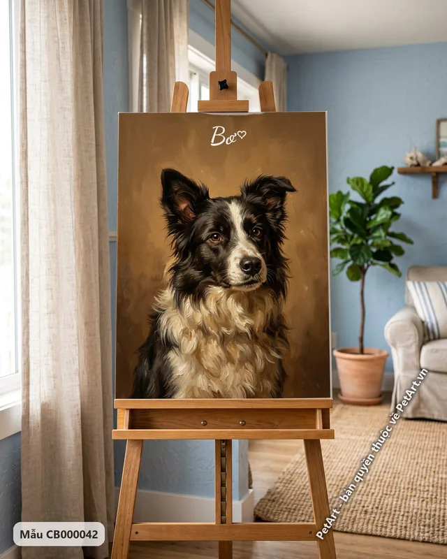 Chó Border Collie đen trắng, tranh sơn dầu cổ điển · ảnh thực tế