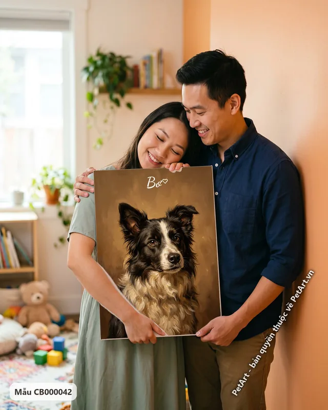 Chó Border Collie đen trắng, tranh sơn dầu cổ điển · góc khác