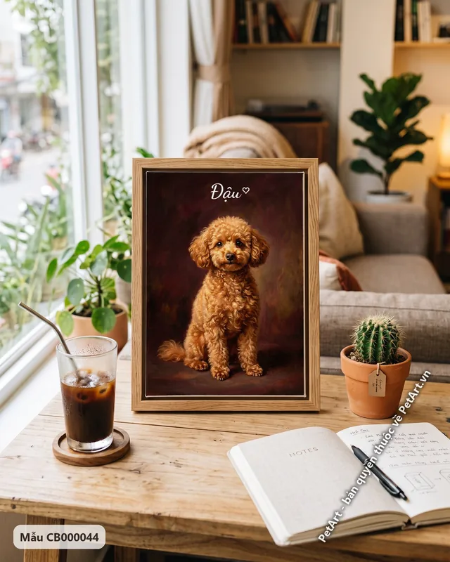 Chó Poodle nâu ngồi, tranh sơn dầu cổ điển · ảnh thực tế