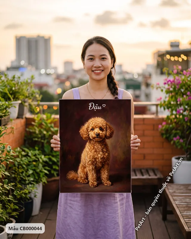 Chó Poodle nâu ngồi, tranh sơn dầu cổ điển · góc khác