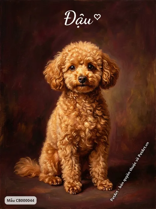 Chó Poodle nâu ngồi, tranh sơn dầu cổ điển · ảnh tranh