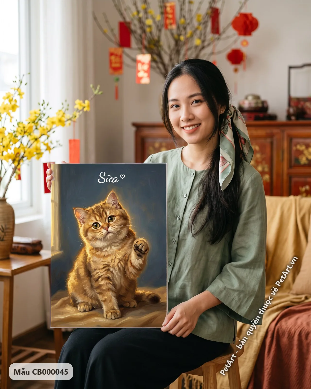 Ảnh thực tế: Tranh sơn dầu cổ điển vẽ mèo Anh lông dài vằn cam, ngồi giơ chân, nhìn lên, cạnh cửa sổ.