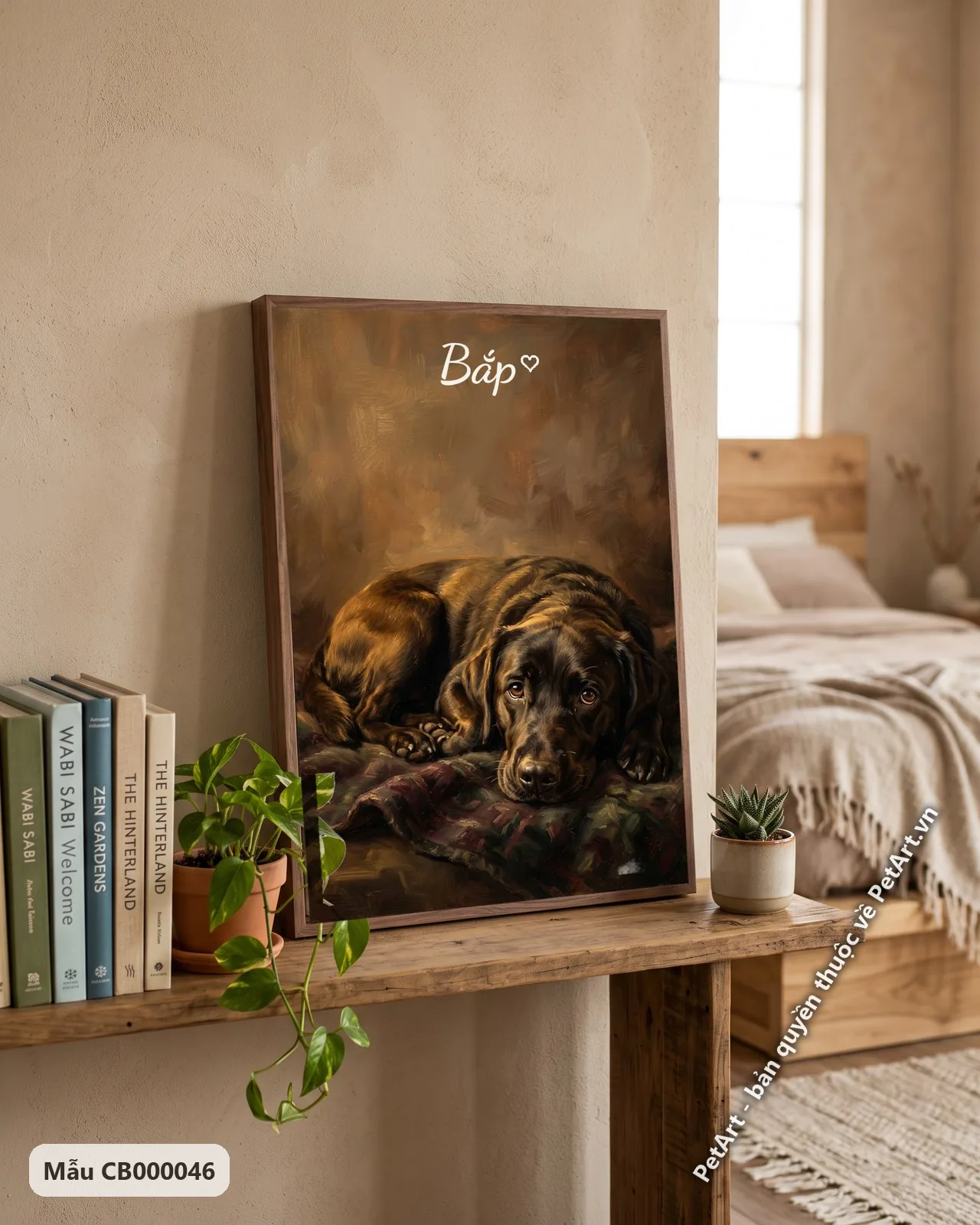 Ảnh thực tế: Bức tranh sơn dầu cổ điển vẽ chú chó Labrador đen nằm trên chăn họa tiết, nhìn trực diện, nền nâu.