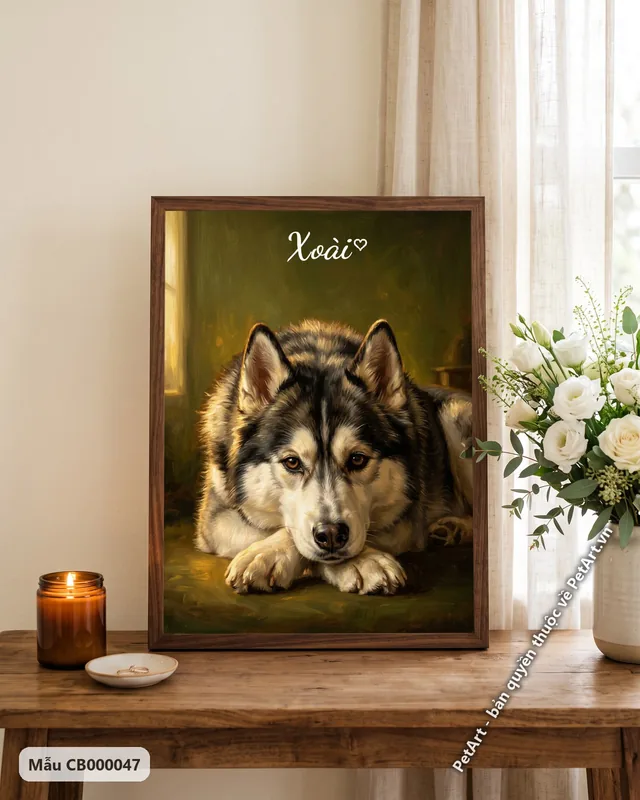 Chó Husky nằm, tranh sơn dầu cổ điển · góc khác