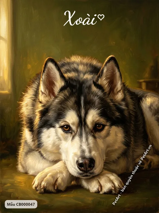 Chó Husky nằm, tranh sơn dầu cổ điển · ảnh tranh