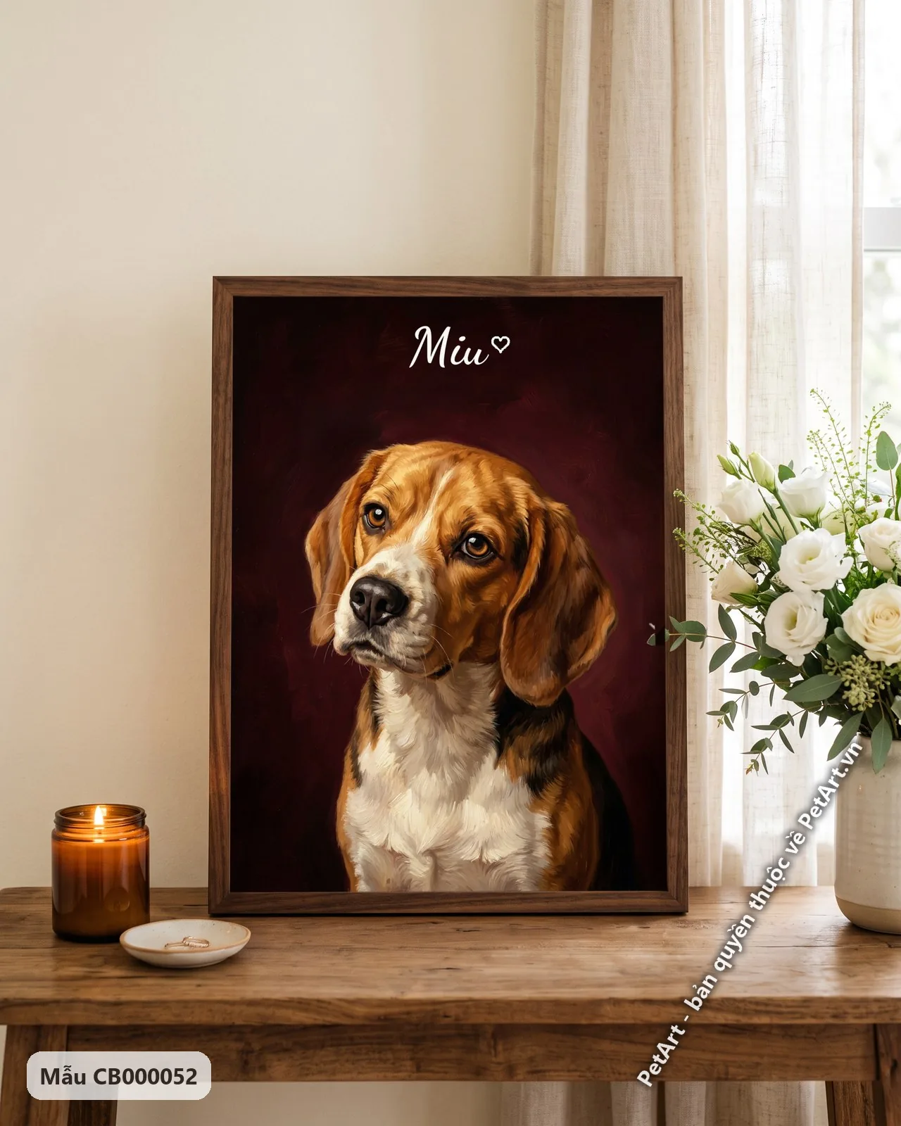 Ảnh thực tế: Chú chó Beagle với bộ lông nâu trắng đen, đôi mắt buồn, trên nền đỏ sẫm, phong cách sơn dầu.