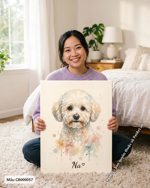 Chó Bichon trắng, tranh màu nước nhẹ nhàng · ảnh thực tế