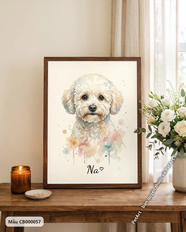 Chó Bichon trắng, tranh màu nước nhẹ nhàng · góc khác