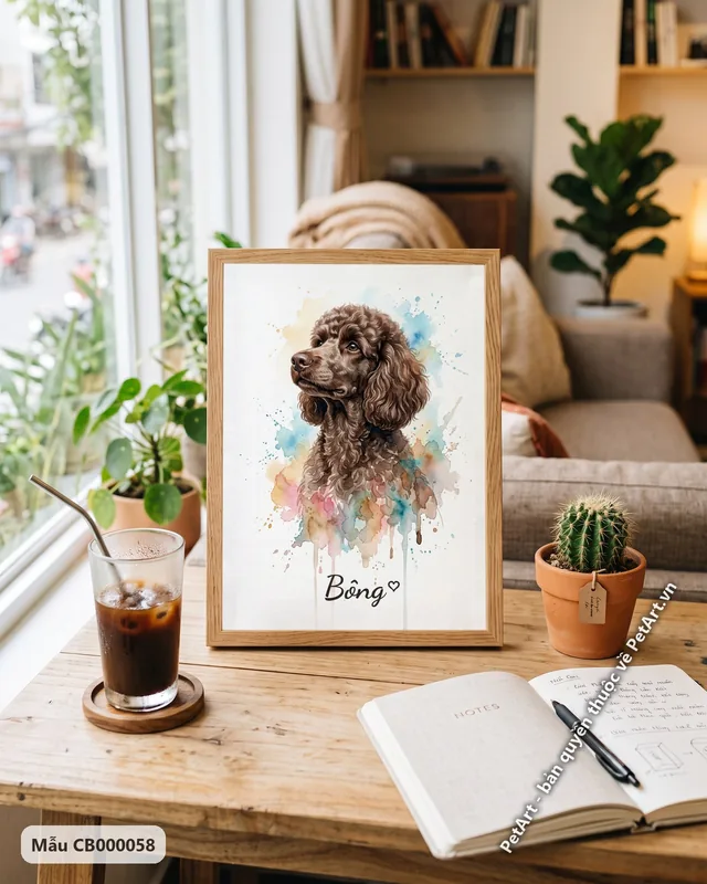 Tranh màu nước nhẹ nhàng · Poodle nâu
