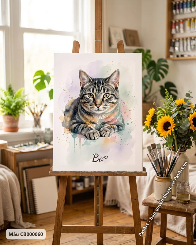 Tranh màu nước nhẹ nhàng · mèo mướp xám