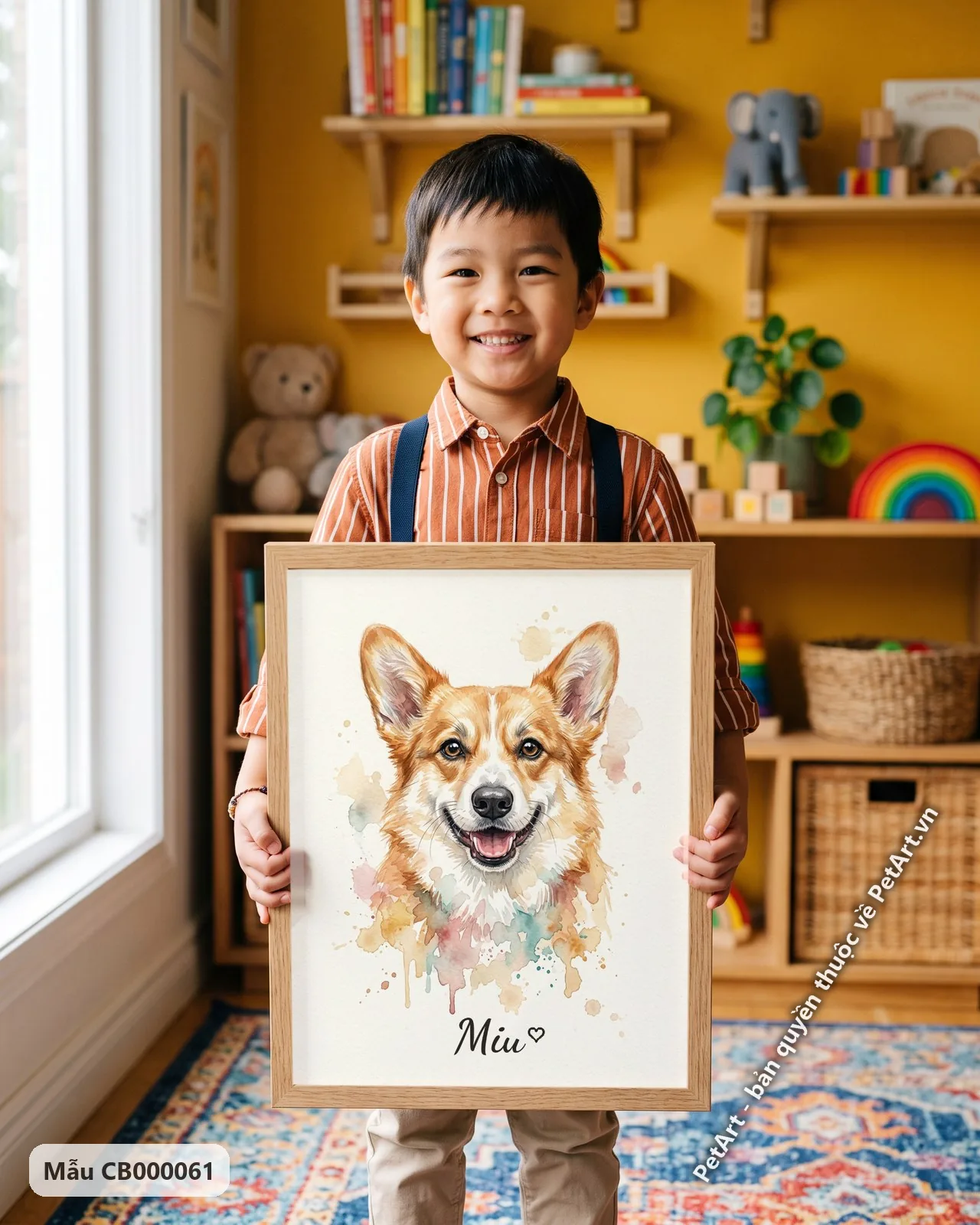 Ảnh thực tế: Chú chó Corgi mặt tươi cười nhìn thẳng, được vẽ bằng màu nước nhẹ nhàng với các mảng màu ấm và mát.
