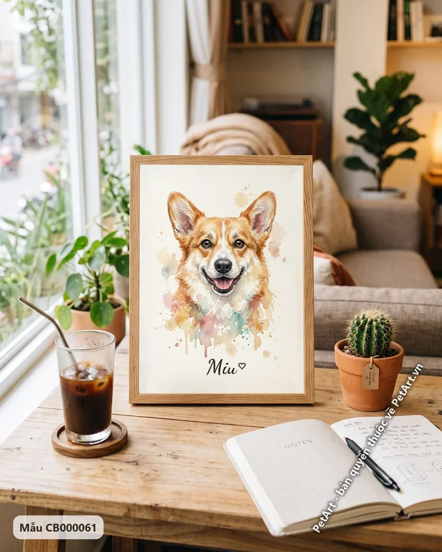 Chó Corgi cười tươi, tranh màu nước · góc khác
