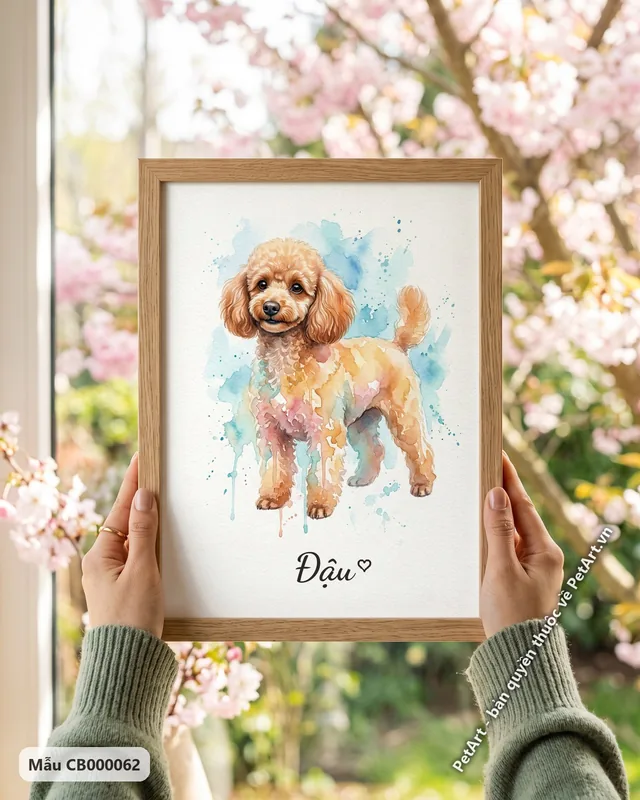 Chó Poodle đứng, tranh màu nước tươi sáng · góc khác