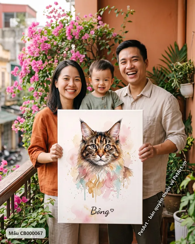 Tranh màu nước nhẹ nhàng · mèo Maine Coon