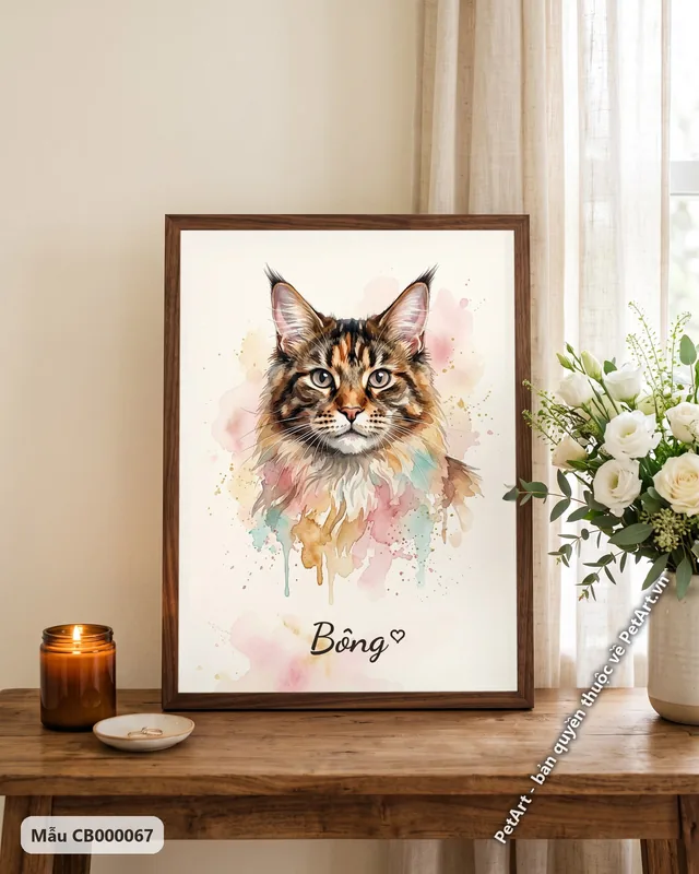Mèo Maine Coon vằn, tai nhọn, phong cách màu nước · góc khác