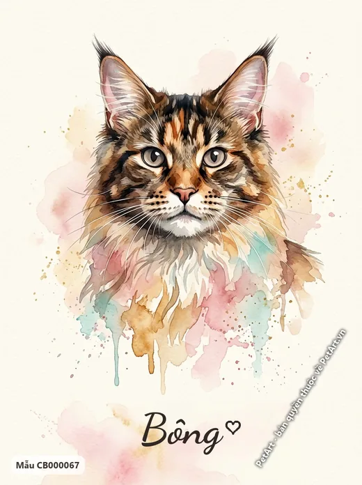 Mèo Maine Coon vằn, tai nhọn, phong cách màu nước · ảnh tranh