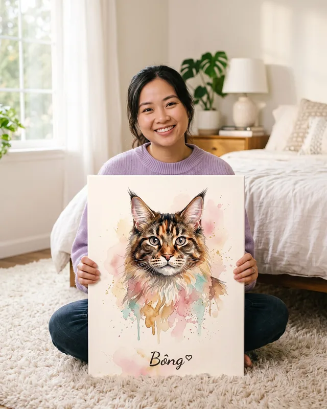Tranh màu nước nhẹ nhàng · mèo Maine Coon