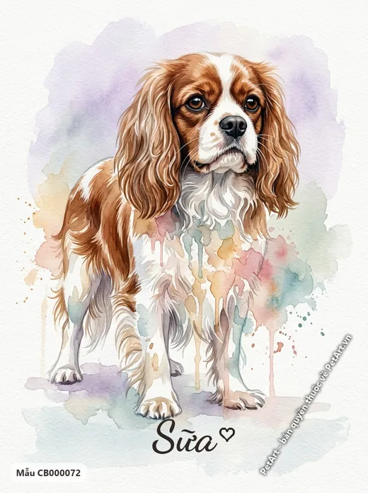 Chó Cavalier đứng, lông dài, phong cách màu nước · ảnh tranh