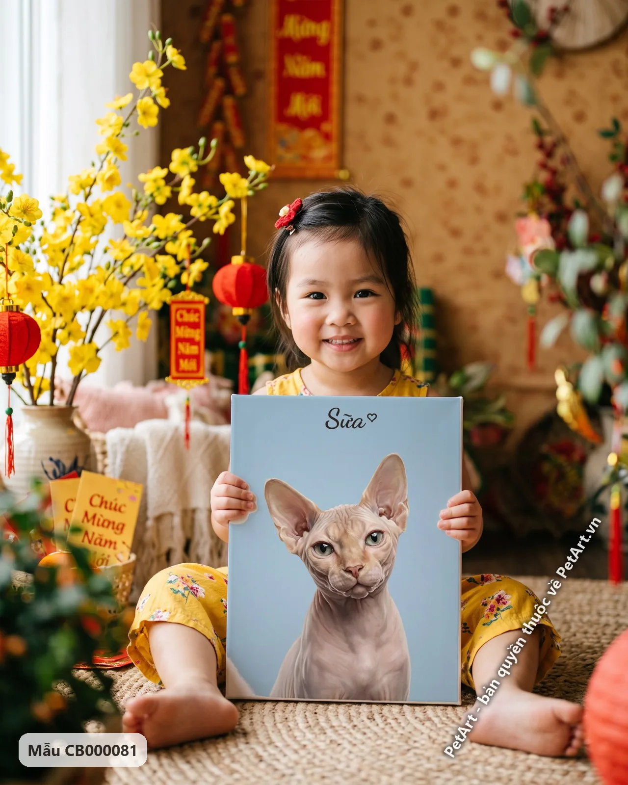 Ảnh thực tế: Chân dung mèo không lông Sphynx mắt xanh, đầu nghiêng nhẹ, trên nền xanh dương nhạt, phong cách chân thực.