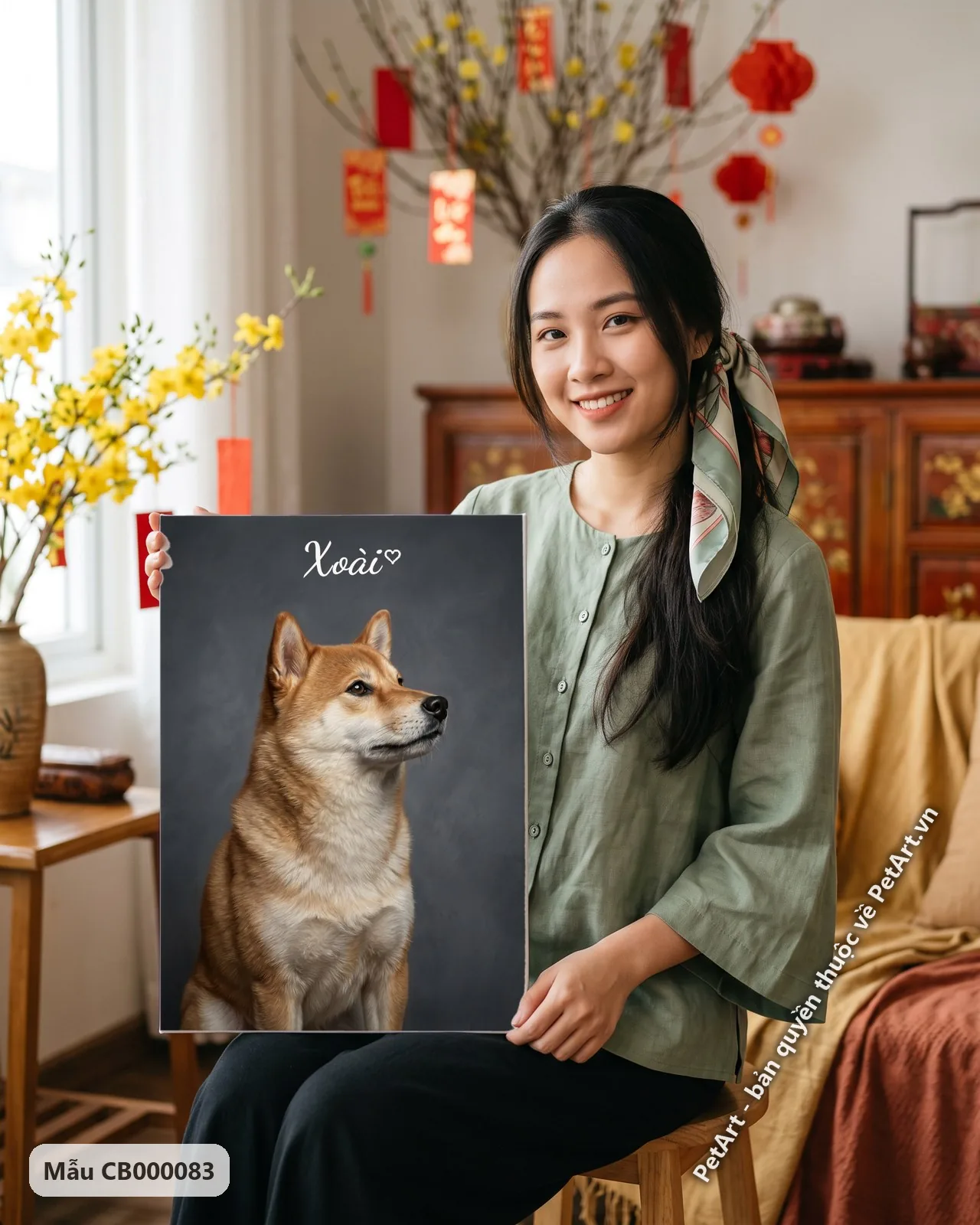 Ảnh thực tế: Chân dung chó Shiba màu vàng nâu, nhìn lên, trên nền xám đậm có vân, phong cách chân thực.