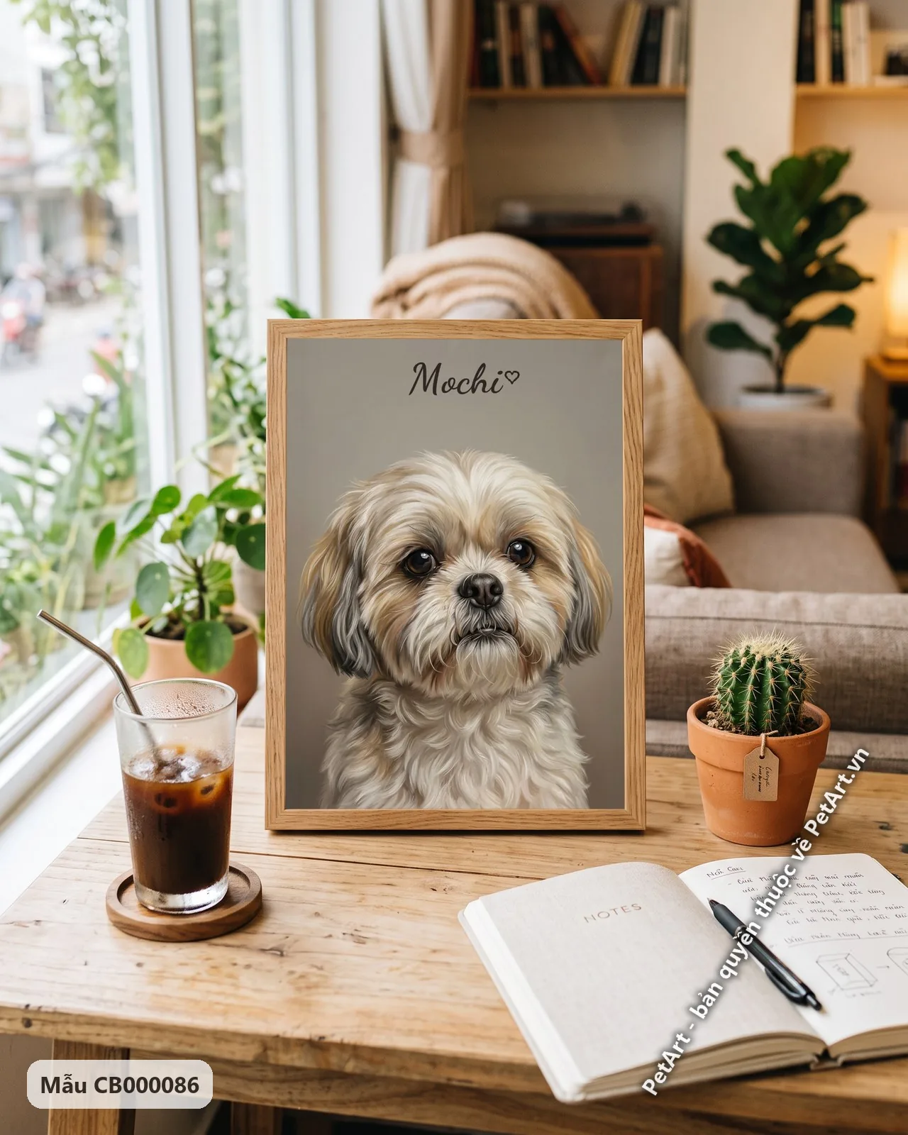 Ảnh thực tế: Chân dung chó Shih Tzu lông trắng nâu, nhìn thẳng, trên nền xám nâu nhạt, phong cách chân thực.