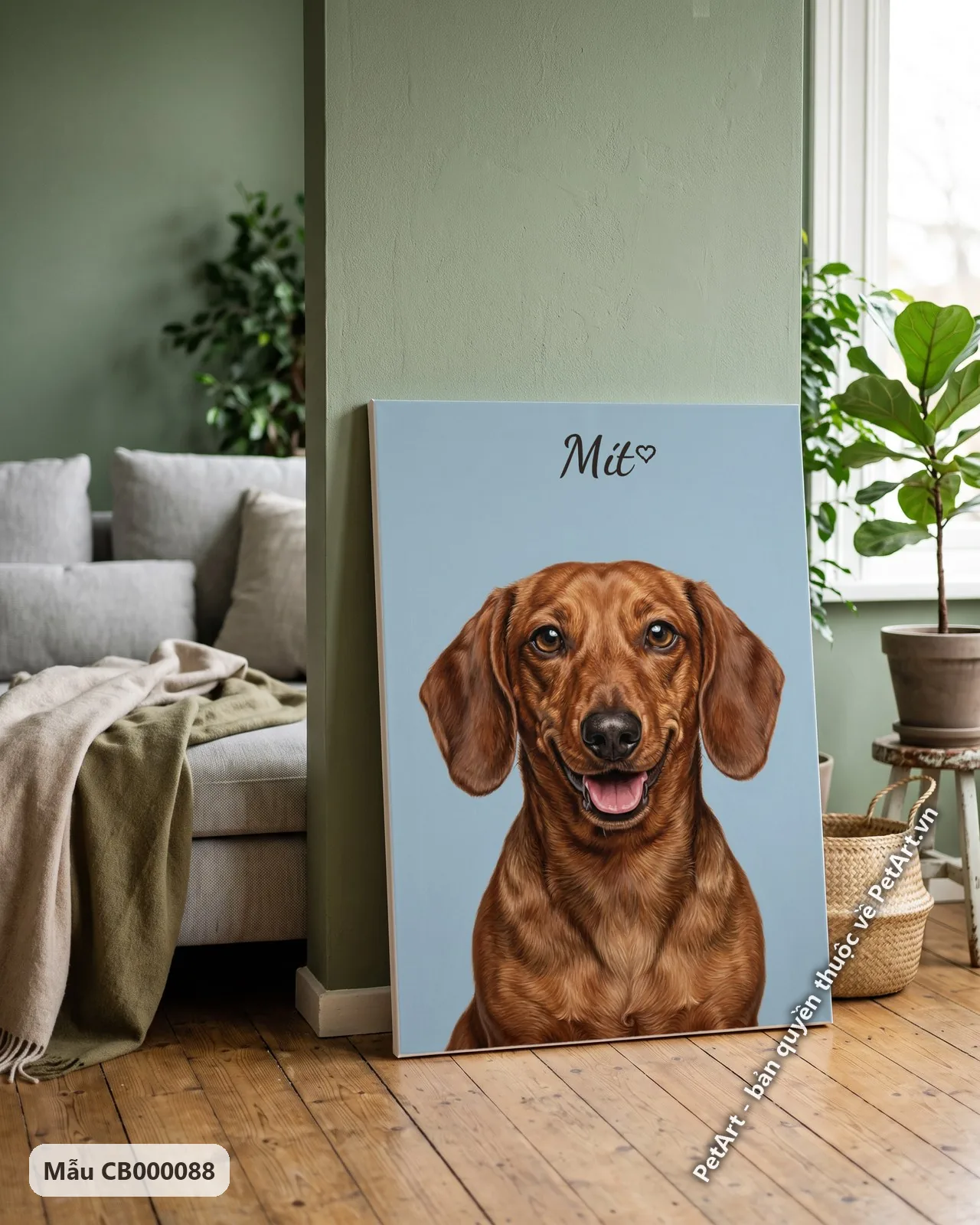 Ảnh thực tế: Chân dung chó Lạp xưởng màu nâu đỏ, miệng cười tươi, trên nền xanh dương nhạt, phong cách chân thực.