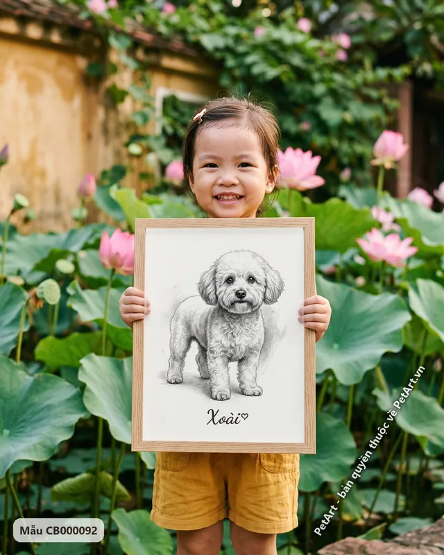 Chó Bichon trắng đứng, tranh chì đen trắng · góc khác